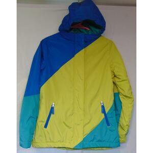 Lands End Ski Jacket Large 14 Yellow Green Blue Hooded Insulated Pockets Coat L